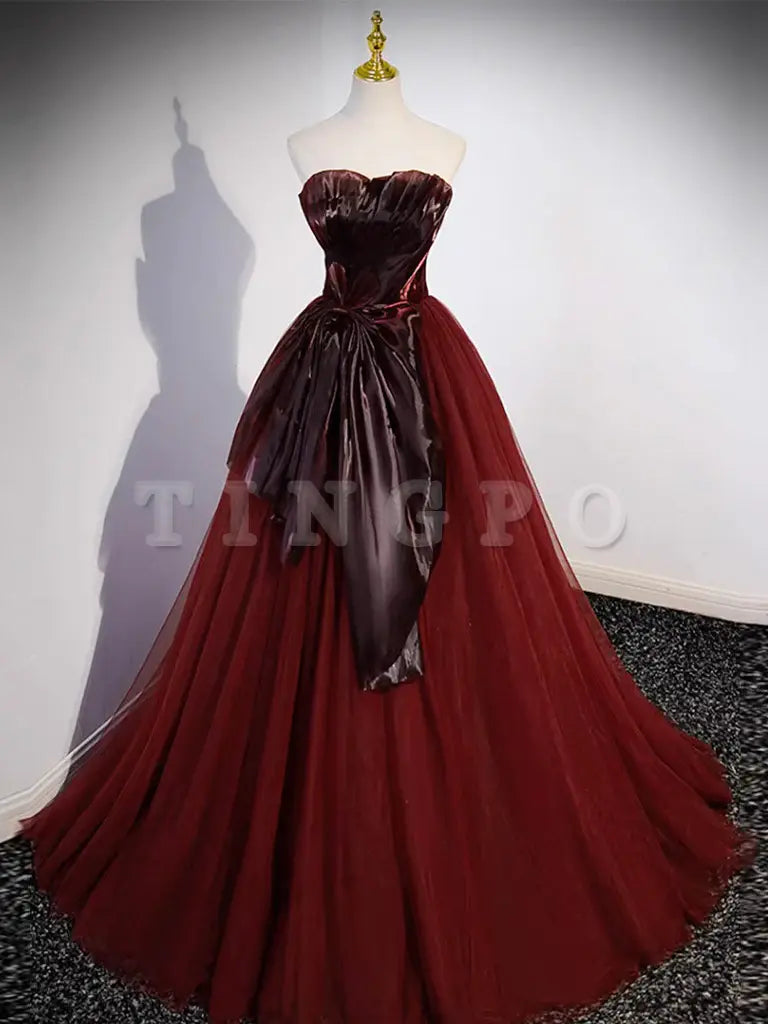 Wholesale A- Line Tulle Burgundy Long Prom Dress Burgundy Tulle Formal Dress gowns evening dresses